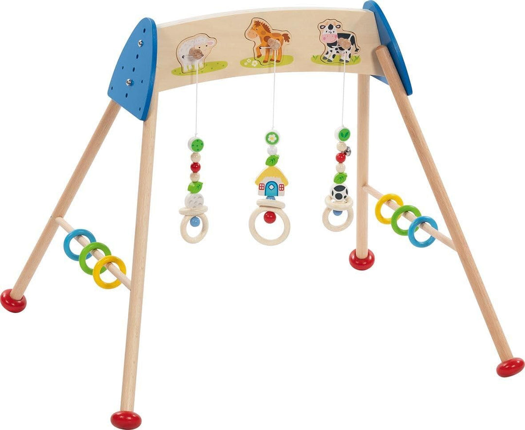 goki 65208 - Baby-Fit Bauernhof Tierstimmen Greif- und Spieltrainer aus Holz, Spielebogen mit Sound,