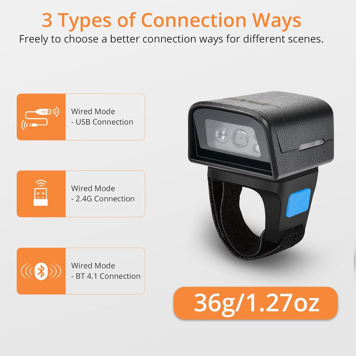 JRHC 1D 2D Bluetooth tragbarer Ring Barcode Scanner, tragbarer Mini Barcode-Barcode-Leser mit 2,4-GH