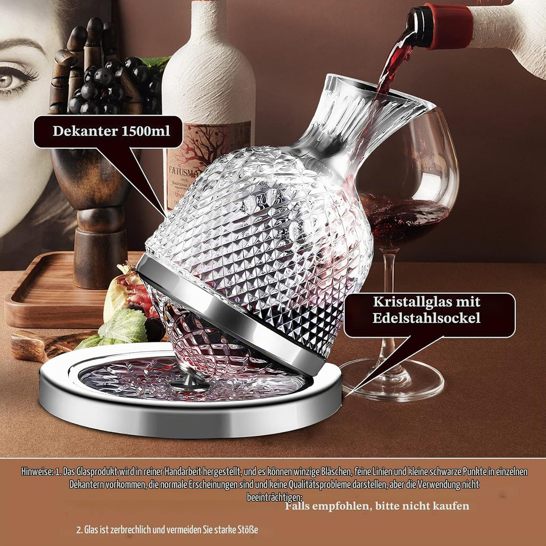 Weindekanter 1500ml, Wein Dekanter Rotwein 360°Schwenkbare, Weindekanter Aus Bleifreiem Kristallglas