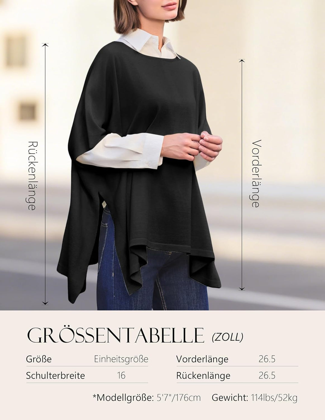 PULI Damen Pullover Poncho Elegant Viskose Strick Locker sitzend Poncho Schal Einheitsgrösse Schwarz