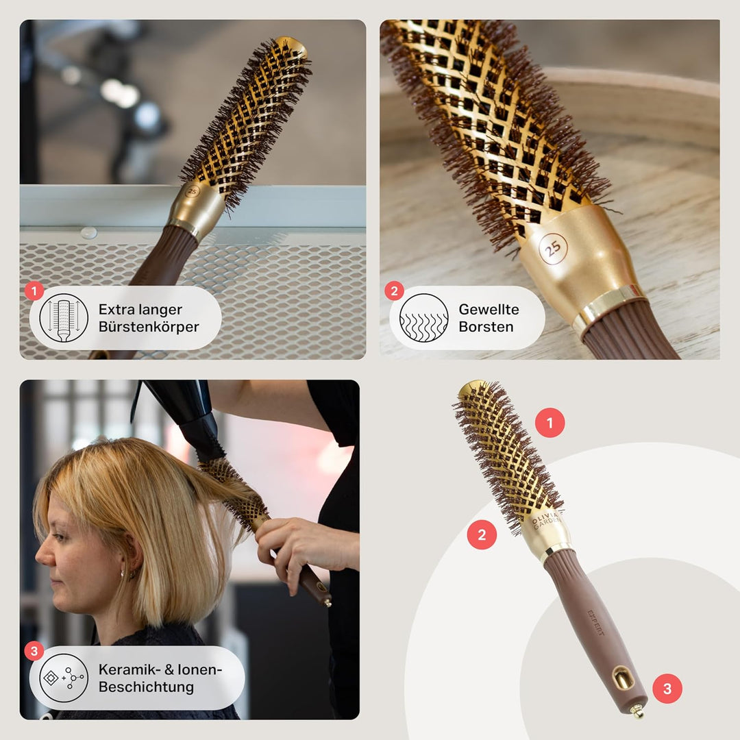 Olivia Garden Expert Blowout Speed – Gold & Braun - 25 - Keramik-Rundbürste mit extra langem Barrel