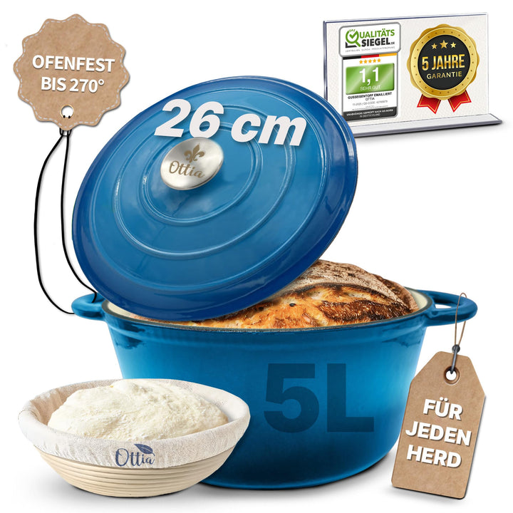 Ottia Gusseisen Topf brot backen [inkl. Gärkorb] - Emaille Topf 26cm - Dutch Oven, Brotbackform, Bro