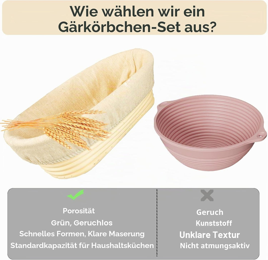 Gärkorb Oval 28cm Set, Gärkörbchen oval, Banneton Proof Basket Korb Set, Natürliches Rattan, Stoffei