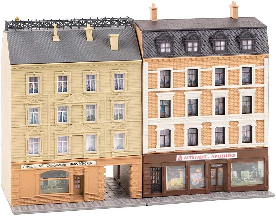 Faller FA232384 Stadthäuser mit Apotheke und Delikatessenhandel, Mehrfarbig, One Size
