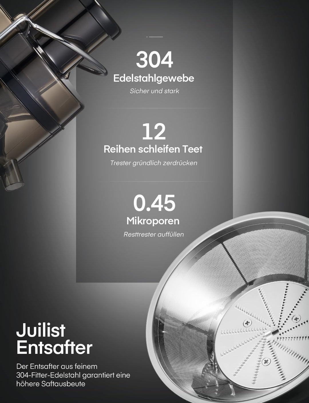 Entsafter Gemüse und Obst, 65 mm Einfüllschacht, 3 Einstellungen, Mit Reinigungsbürste, Leicht zu Re