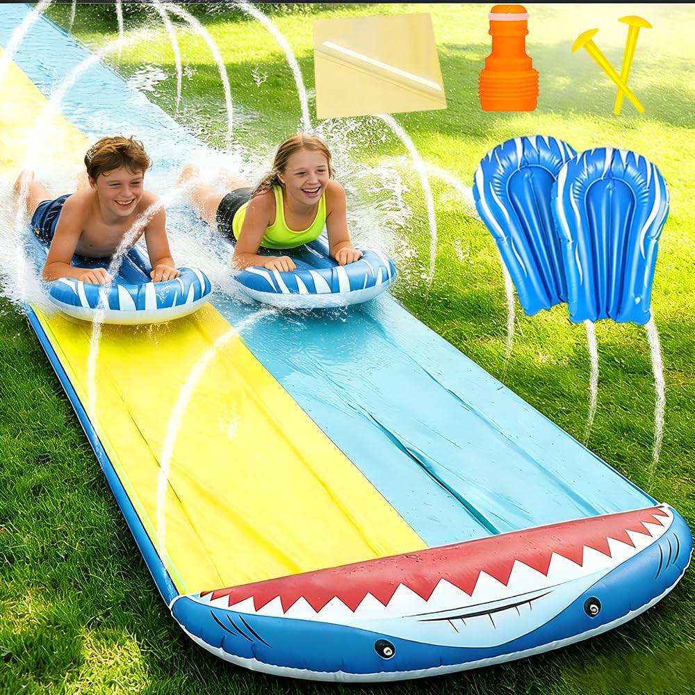 Mineup Wasserrutsche Garten, 480 x 140cm Wasserrutschmatte mit 2 Bodyboards, Doppelrutsche mit Einge