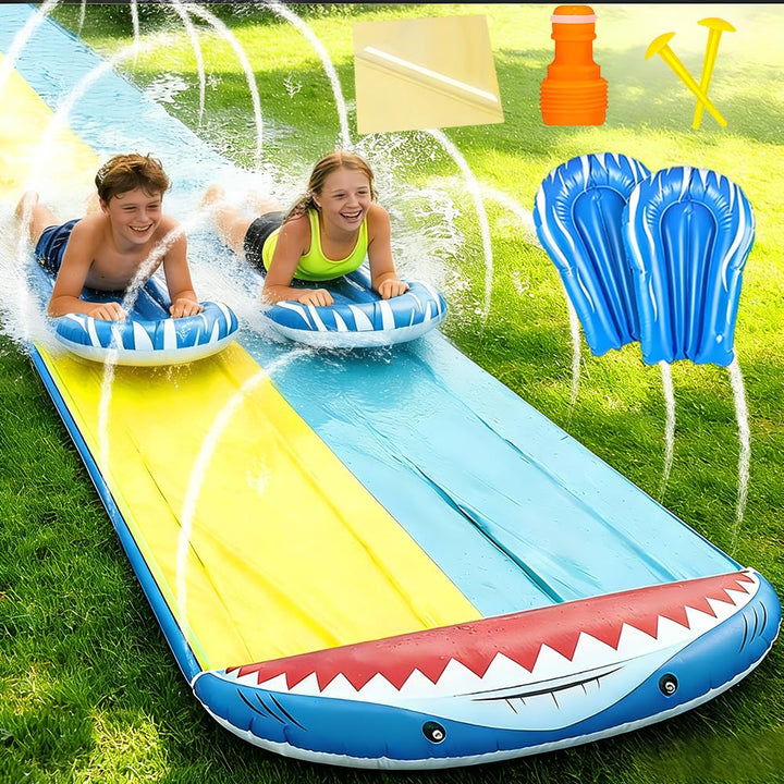 Mineup Wasserrutsche Garten, 480 x 140cm Wasserrutschmatte mit 2 Bodyboards, Doppelrutsche mit Einge