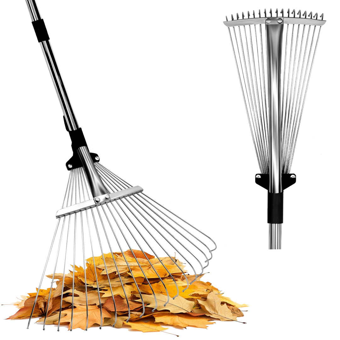 Laubrechen mit Stiel 175cm – 18-Zahn Laubbesen mit Verstellbarem Kopf (20-45cm) – Ideal für Grosse F