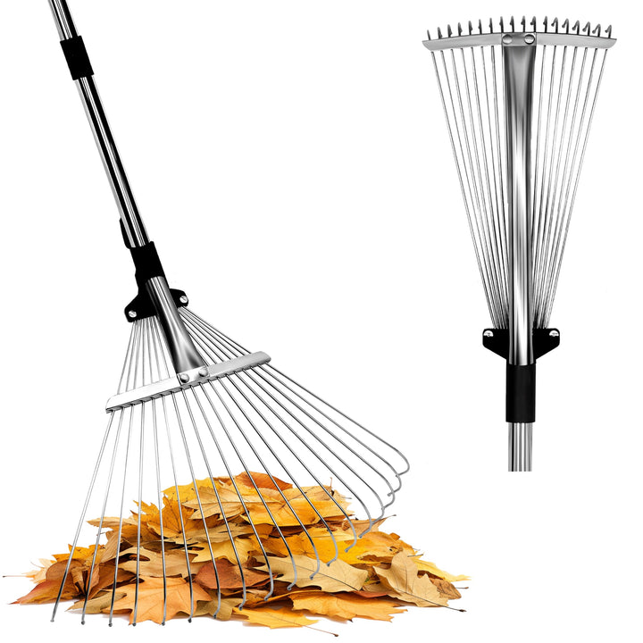Laubrechen mit Stiel 175cm – 18-Zahn Laubbesen mit Verstellbarem Kopf (20-45cm) – Ideal für Grosse F