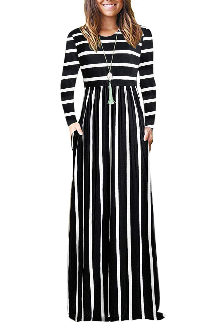 AUSELILY Damen Langarm Maxikleider Lässige Langkleider mit Taschen… XL Schwarze Weisse Streifen, XL