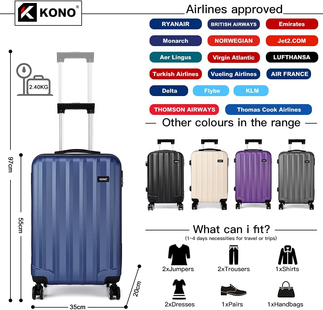 KONO Handgepäck Koffer Trolley ABS+PC Leicht Kabinenkoffer Reisekoffer mit 4 Rollen und Zahlenschlos