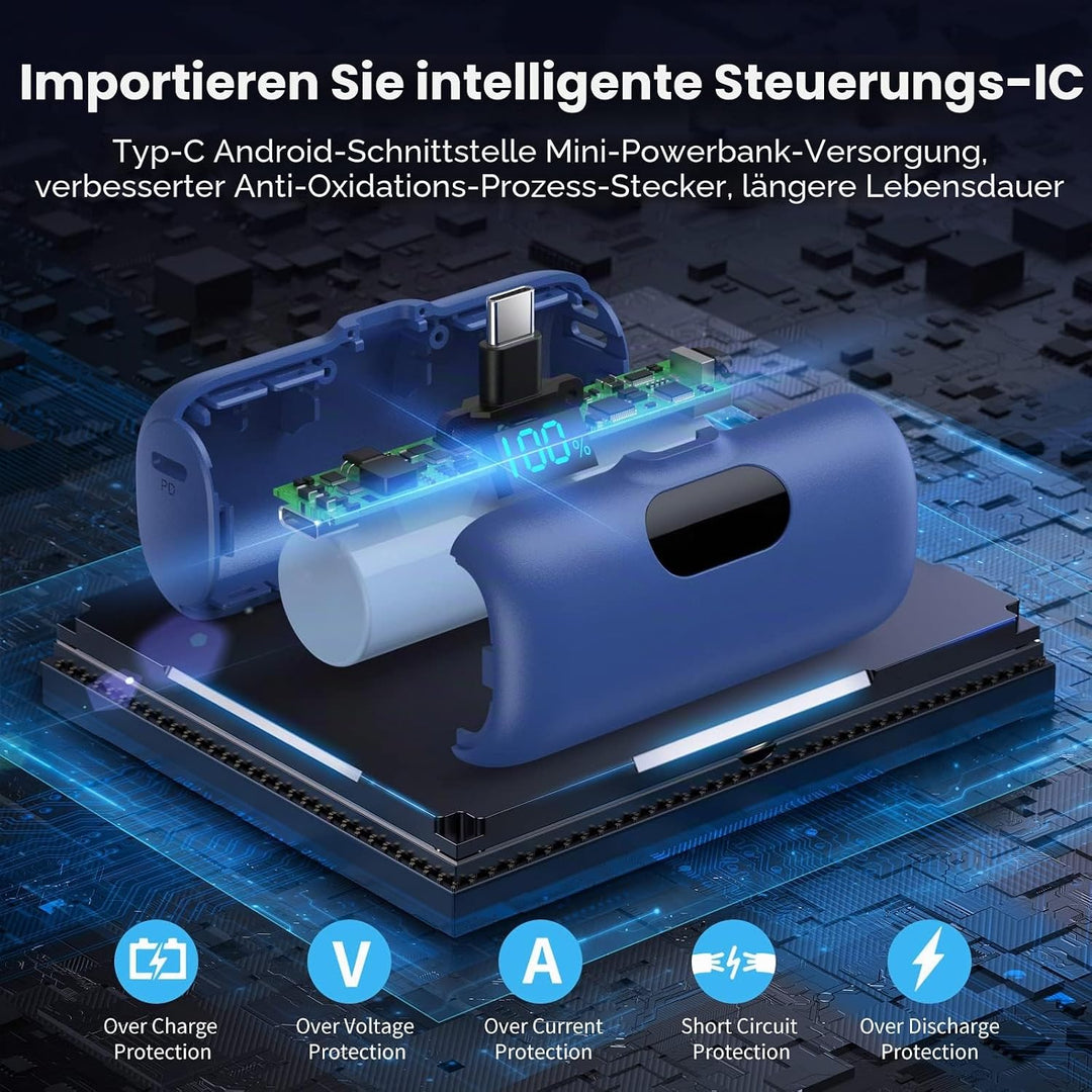 Power Bank USB C 5000mAh, Mini Powerbank Klein Aber Stark 15W PD 3.0 Schnelles Aufladen Tragbares Ex