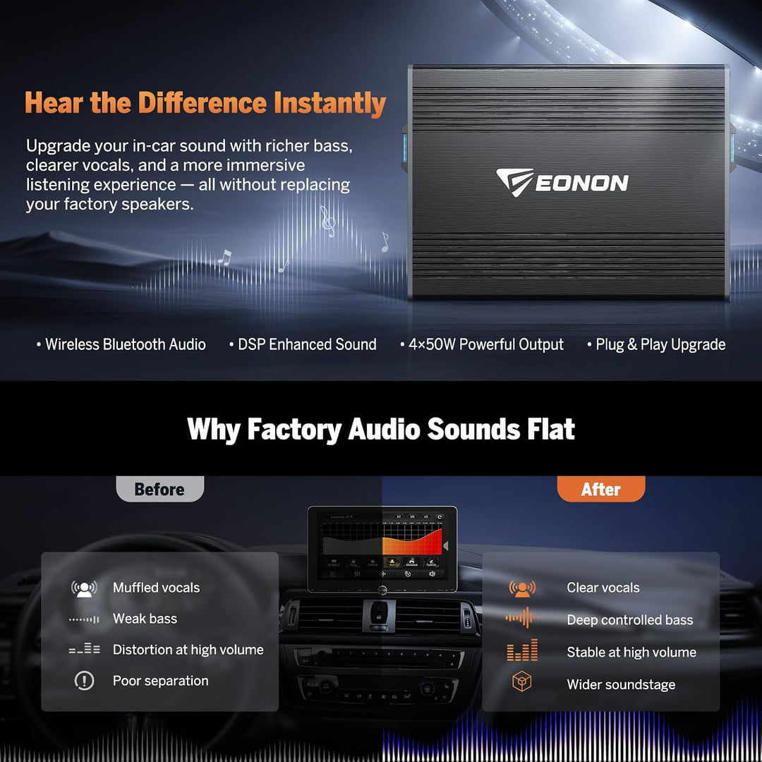 Eonon DSP-Digitalverstärkerbox, 4CH×50W Ausgang, EQ-Modus, Bluetooth Netzstecker für Autoradio A304