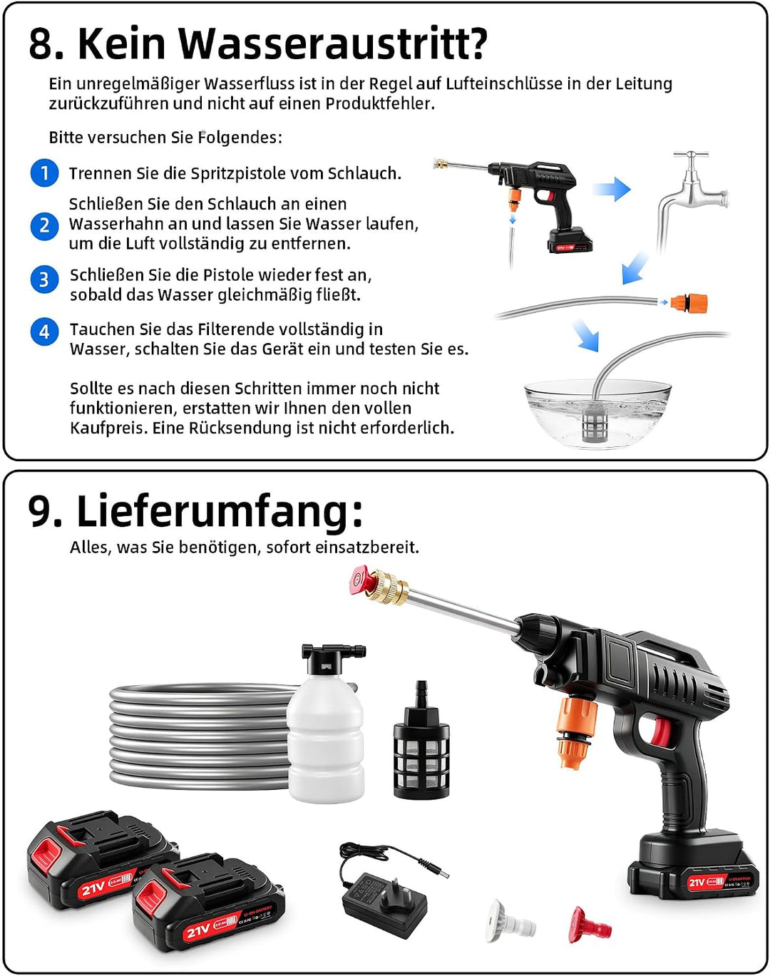 Akku Hochdruckreiniger kabellos, 60 Bar, 2x2000mAh, 5m Schlauch. Hochdruckreiniger akku für Auto/Gar