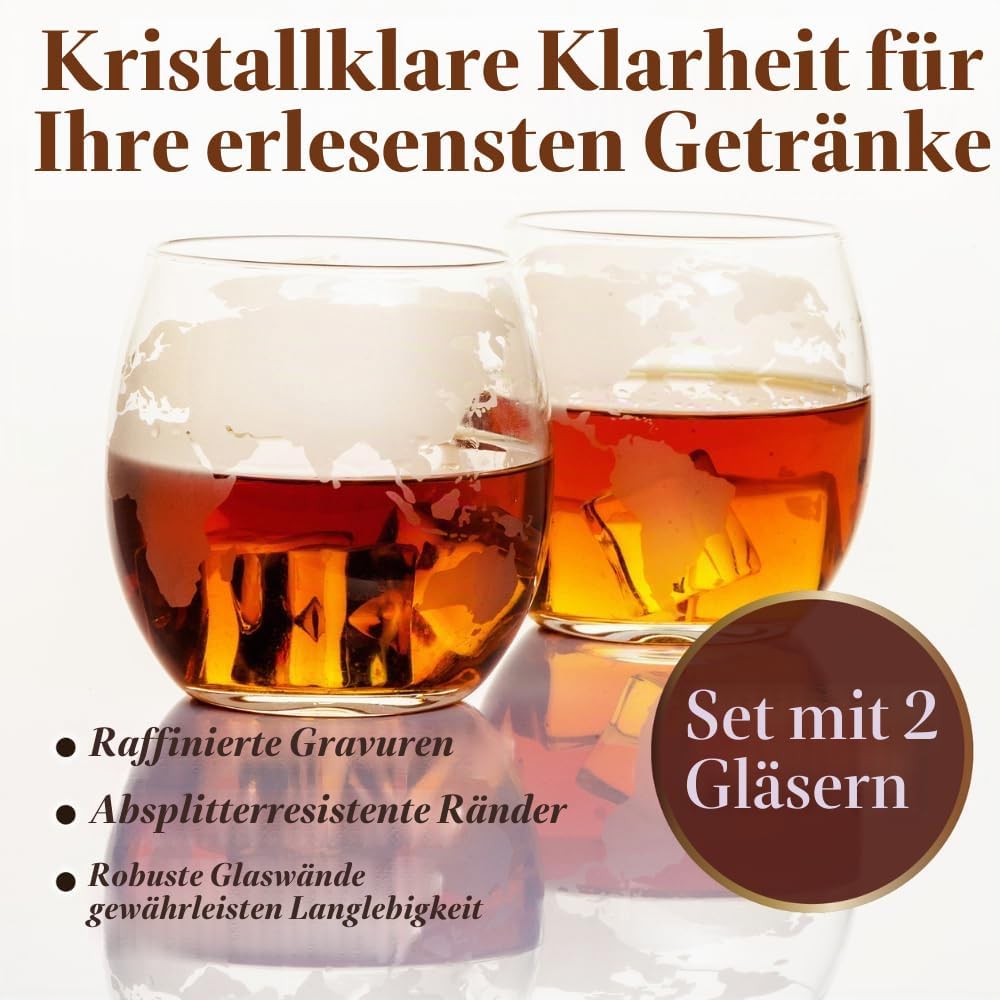 Kemstood Whisky Karaffe Globus Set (850 ml) - Edler Whiskey Decanter mit Gläser, Holzständer und ein