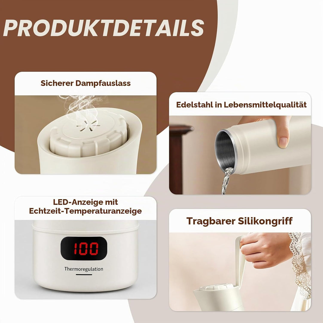 Reisewasserkocher Klein 400ml-4 Einstellbare Temperaturstufen Wasserkocher Reise von Tee Kaffee und