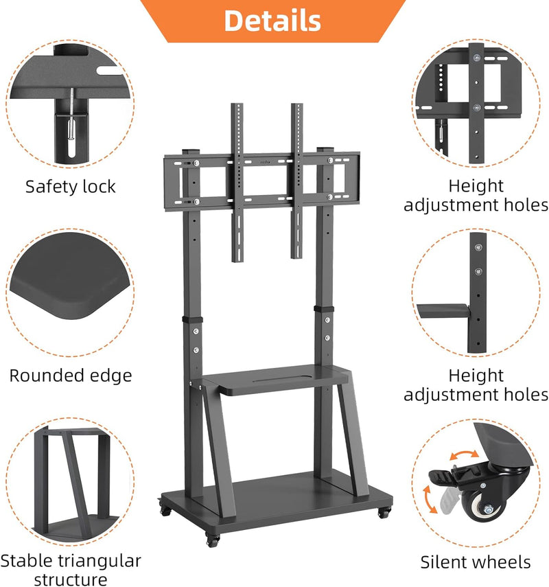 UNHO TV Ständer mit Rollen, TV Standfuss Universal Mobil Wagen, Höhenverstellbar Extra Stabil Fernse