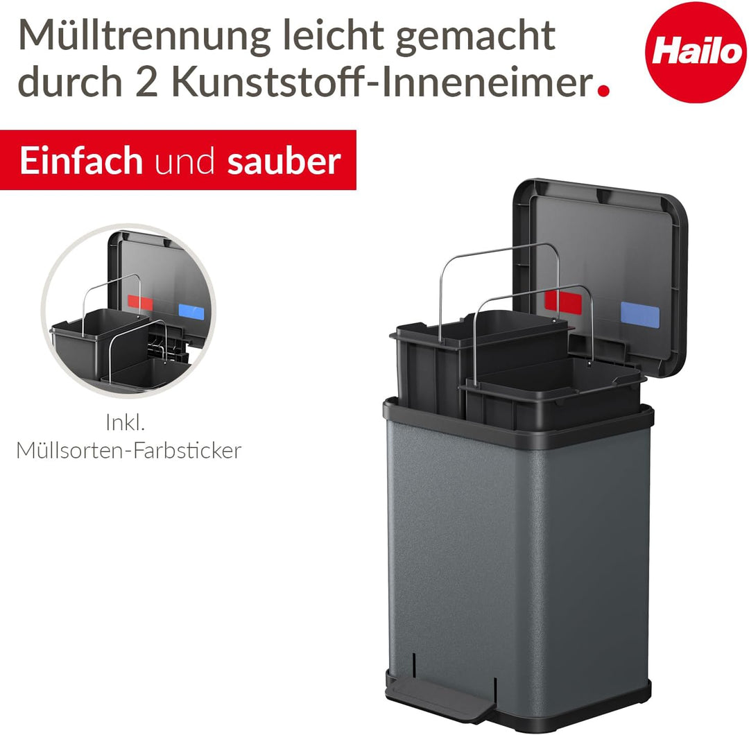 Hailo Öko duo Plus M Tret-Mülltrenner - freistehender 2 x 9 Liter Doppelmülleimer aus Stahlblech - M