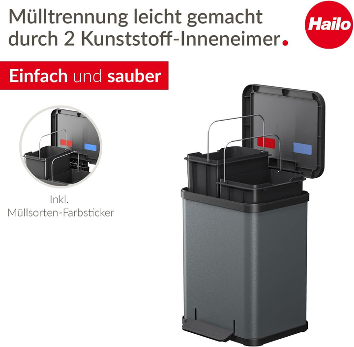 Hailo Öko duo Plus M Tret-Mülltrenner - freistehender 2 x 9 Liter Doppelmülleimer aus Stahlblech - M