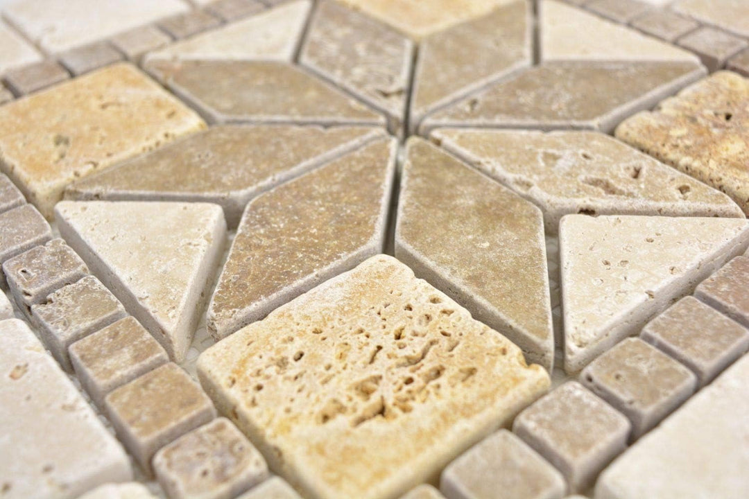 Naturstein Mosaik Einleger Fliese Travertin beige gelb walnuss für WANDDEKO BAD WC KÜCHENDEKO