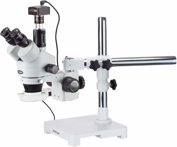 AmScope SM-3TZ-54S-5M Trinokulares LED Boom Ständer Stereomikroskop mit 5MP Kamera, 3.5X-90X, Weiss