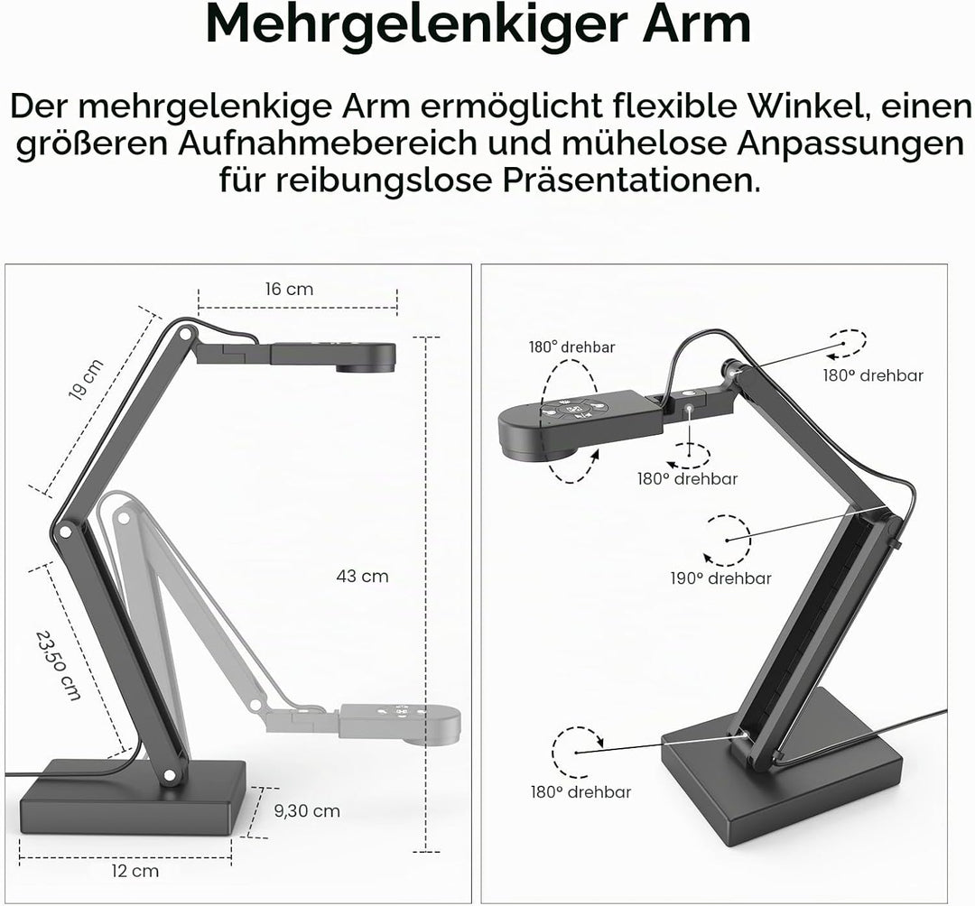 12MP Dokumentenkamera Schule, 4K Visualizer für Klassenzimmer - A3-Format, LED Licht, MIC, Drehen, S