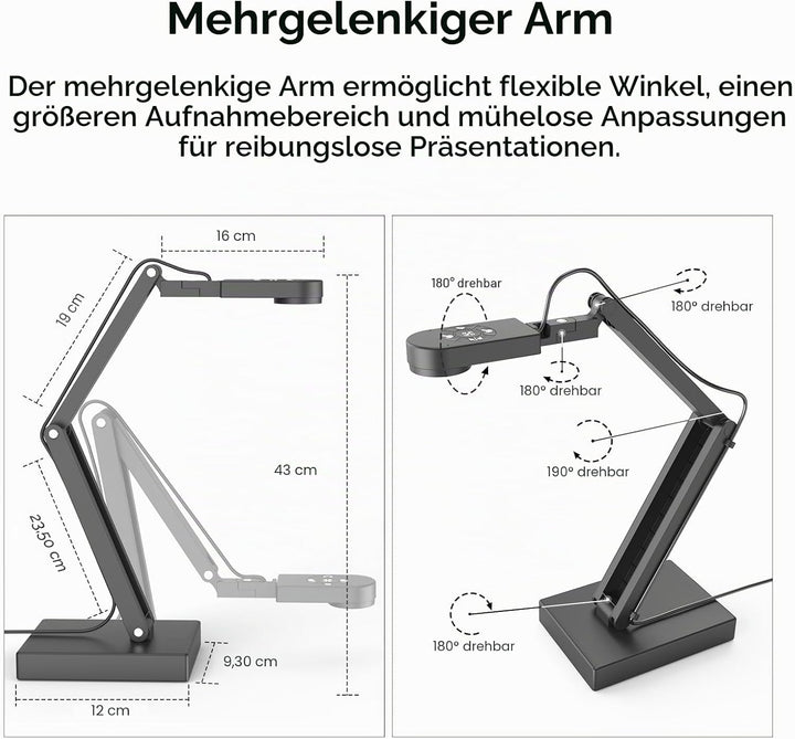 12MP Dokumentenkamera Schule, 4K Visualizer für Klassenzimmer - A3-Format, LED Licht, MIC, Drehen, S