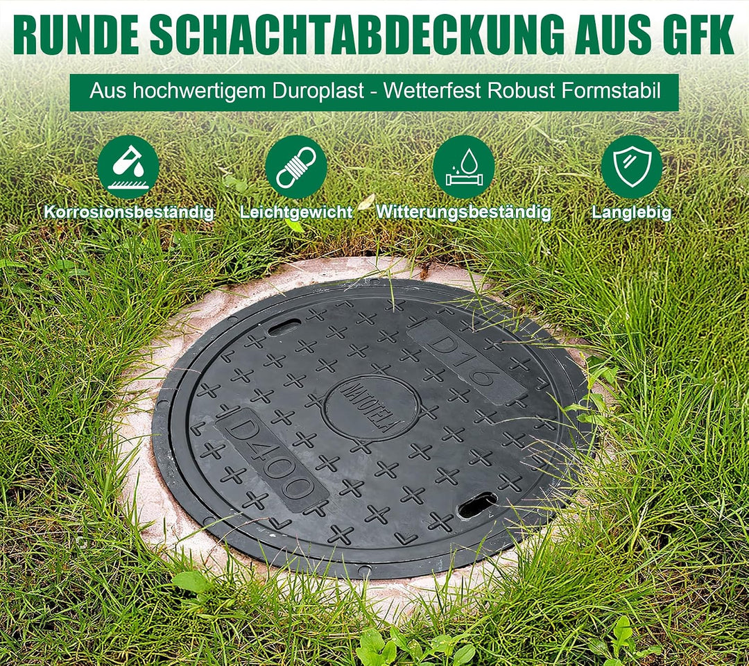 400 mm GFK-Schachtabdeckung mit Rahmen Rund - DN 350 (Lichte Weite 350 mm) – B125 PKW-befahrbar – Re