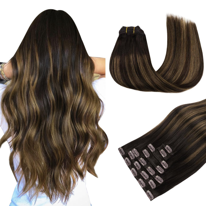 MAXITA Clip in Extensions Echthaar, 35cm 14 Zoll 120g 7 Stück Dunkelbraun Gemischt Kastanienbraun Ec