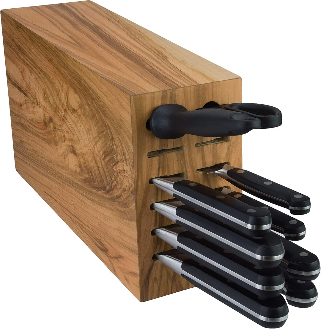 Messerblock mit 9 Öffnungen, Olivenholz, leer