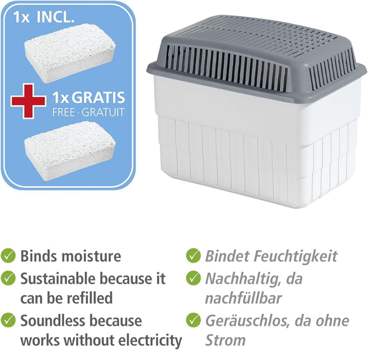 WENKO Feuchtigkeitskiller mit 2 x 1 kg Granulatblock, Raumentfeuchter, fasst bis zu 1,4 Liter Feucht