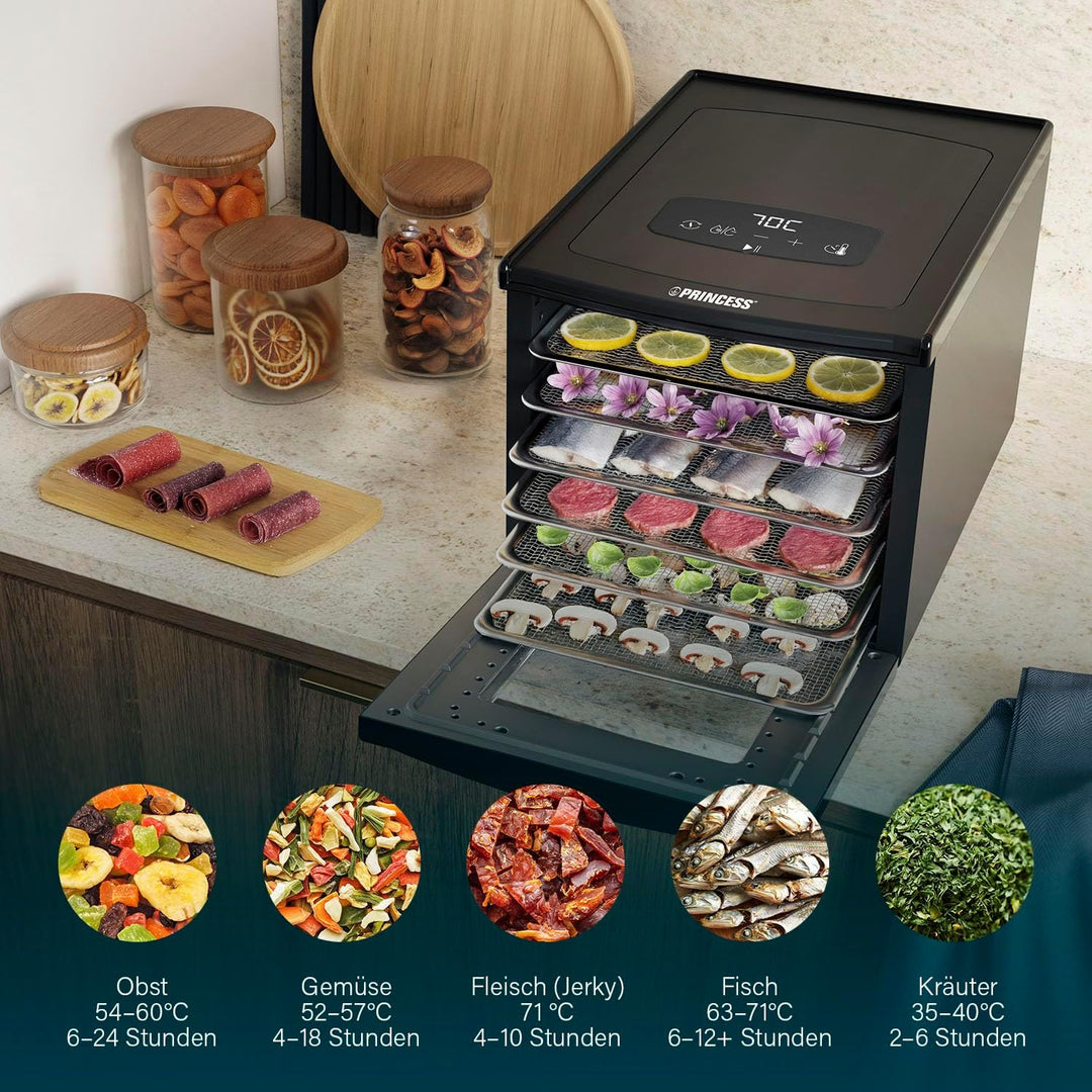 Princess Food Dehydrator mit 6 Edelstahl-Einschüben, Einstellbare Temperatur, Touchscreen, Timer bis