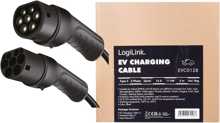 LogiLink E-Auto-Ladekabel, Typ 2, 3-phasig, Spiral, 20 A, 11 kW, mit Tasche, 5 m