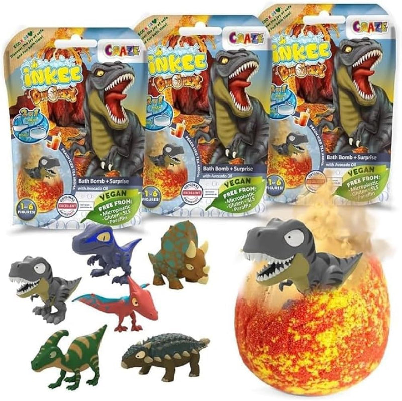 INKEE SURPRISE DINO | 3er Bundle Kinder Badebomben mit Dinosaurier Figuren, 3x Ei-Form Badebomben mi