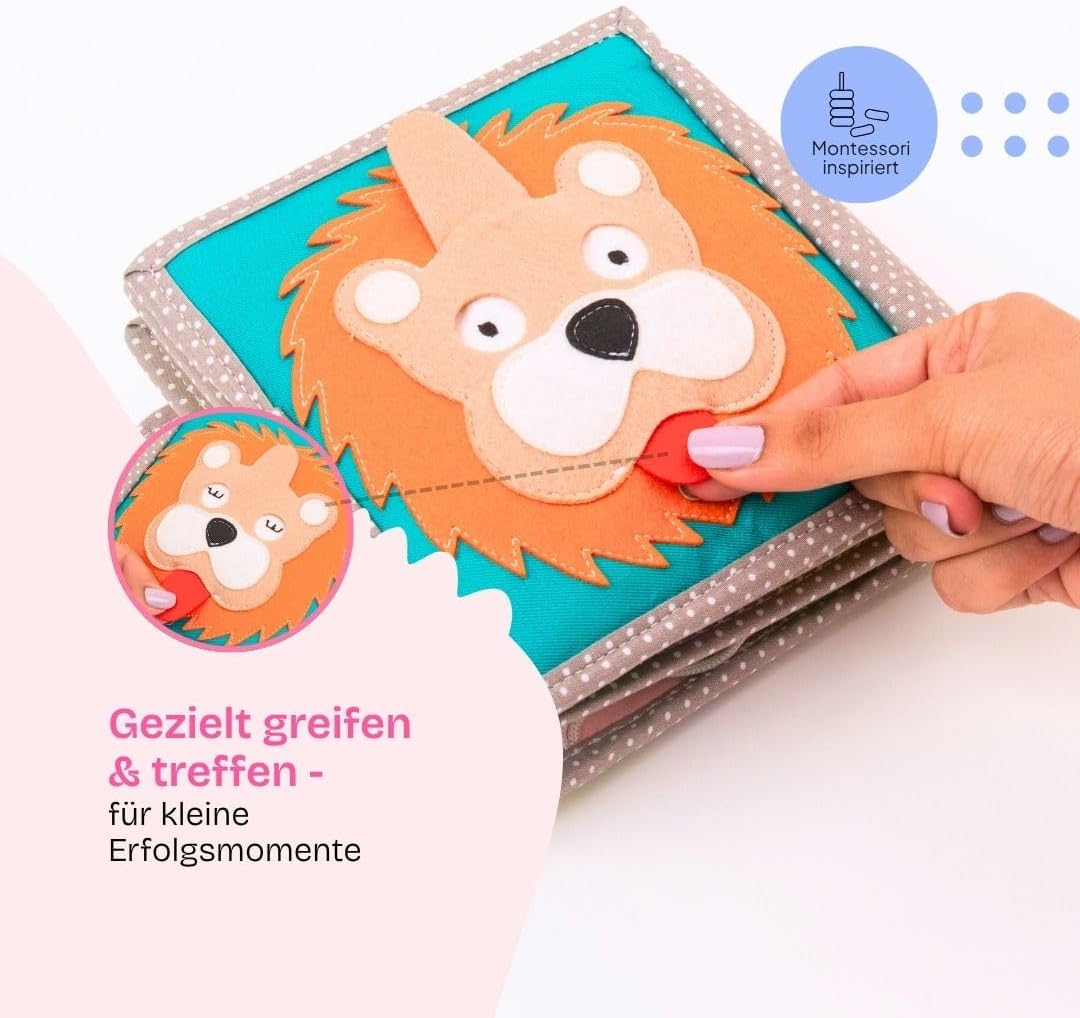 Jolly Designs Mini Quiet Book Dösender Löwe – Montessori Spielzeug ab 1 Jahr – Stoffbuch & Busy Book
