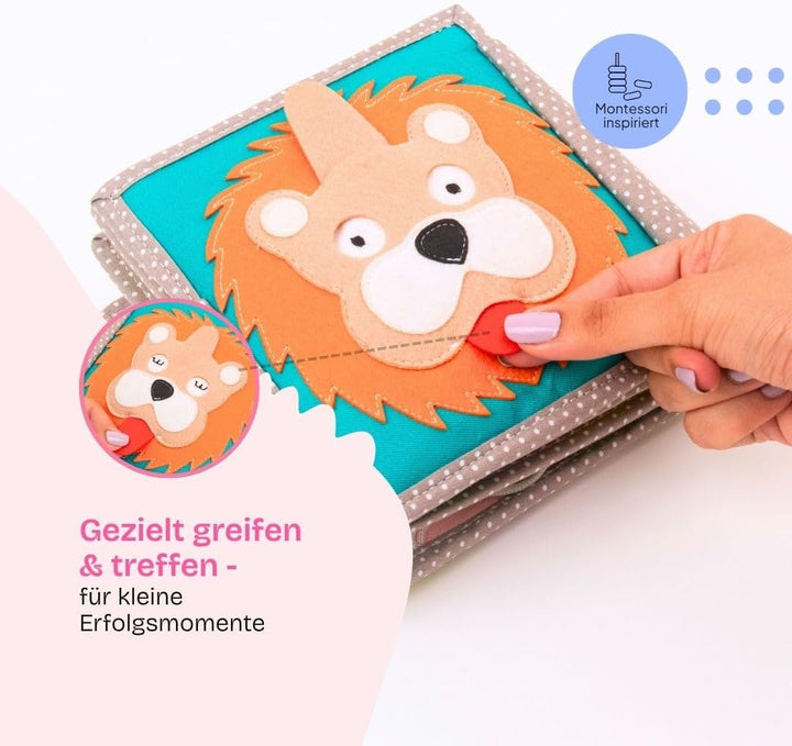 Jolly Designs Mini Quiet Book Dösender Löwe – Montessori Spielzeug ab 1 Jahr – Stoffbuch & Busy Book