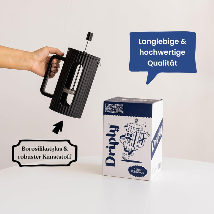 French Press aus Glas – Edelstahlfilter & hitzebeständiges Borosilikatglas – 350 ml – Schwarz Schwar