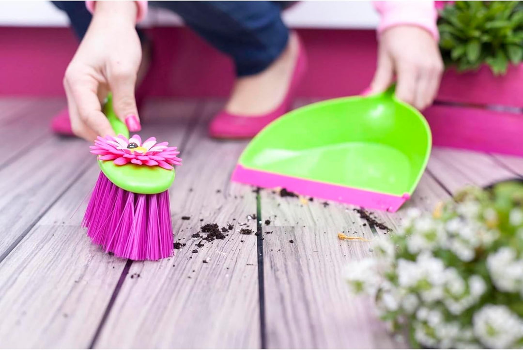 VIGAR Flower Power Kehrgarnitur mit Buntem Handfeger und Kehrblech, ABS, Polypropylen, rosa/grün, 35