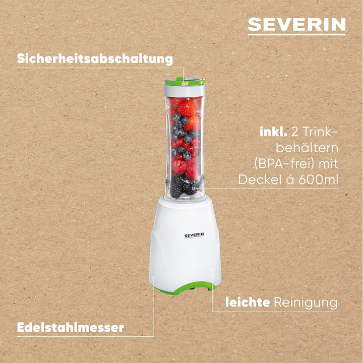 SEVERIN SM 3735 Smoothie Mix & Go (ca. 300 W, 600 ml, Inkl. 2 Trinkbehälter mit Deckel) weiss/grün,