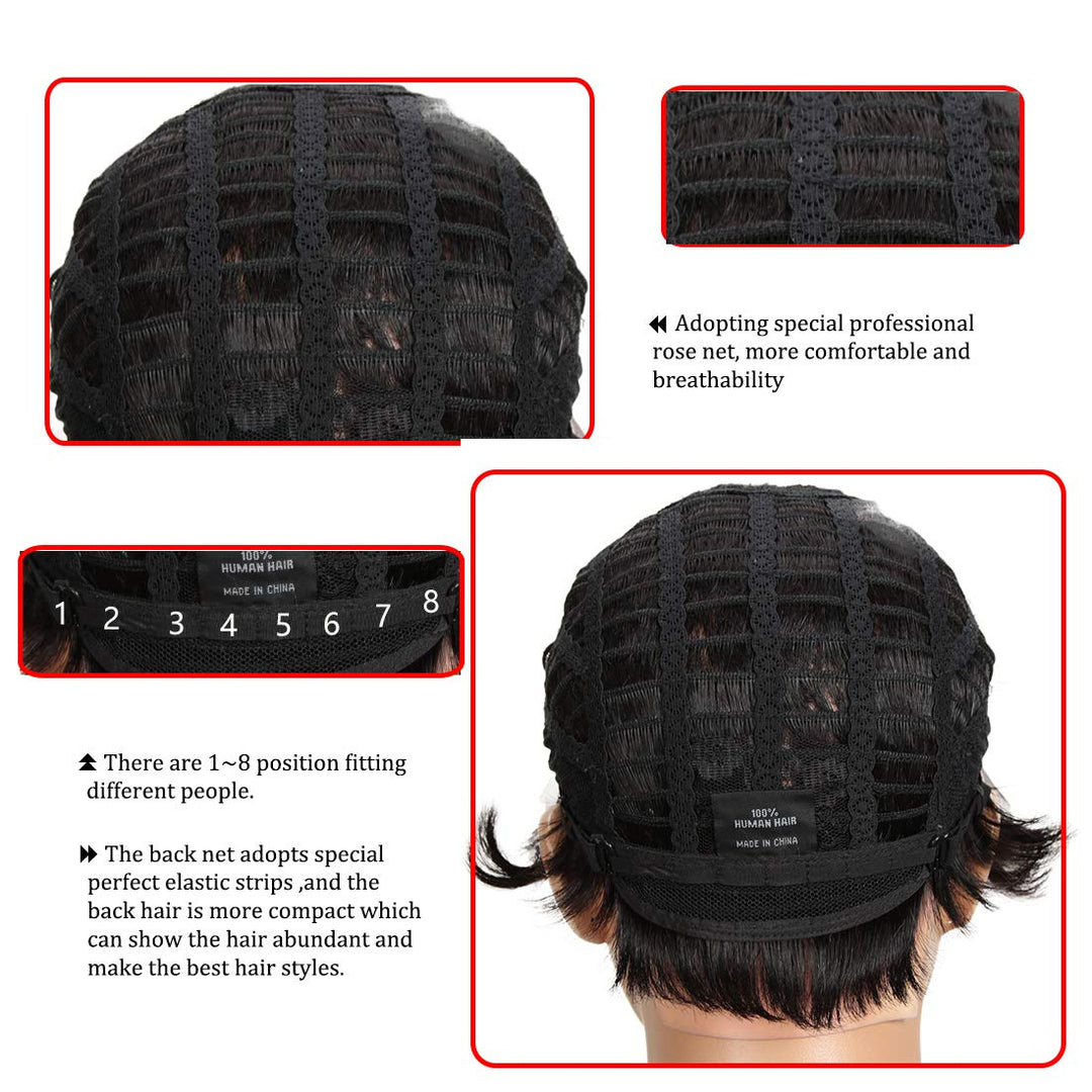 DÉBUT Echthaar Perücke mit Filmansatz kurz Pixie Damen Perücke Lace Front Wigs 22cm 79g (1B：schwarz)