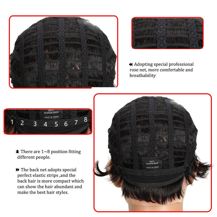 DÉBUT Echthaar Perücke mit Filmansatz kurz Pixie Damen Perücke Lace Front Wigs 22cm 79g (1B：schwarz)