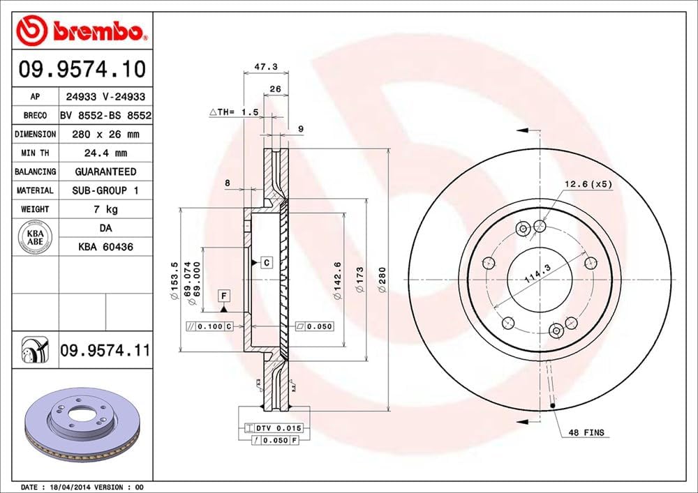 Brembo 09.9574.11 Vordere Bremsscheibe, Anzahl 2