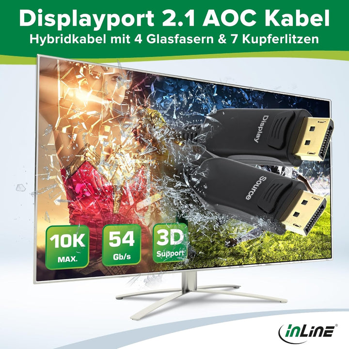 InLine DisplayPort 2.1 AOC Kabel, aktiv, UHBR 13.5, 10K/8K/4K, verlustfreie Übertragung, mit Metalls