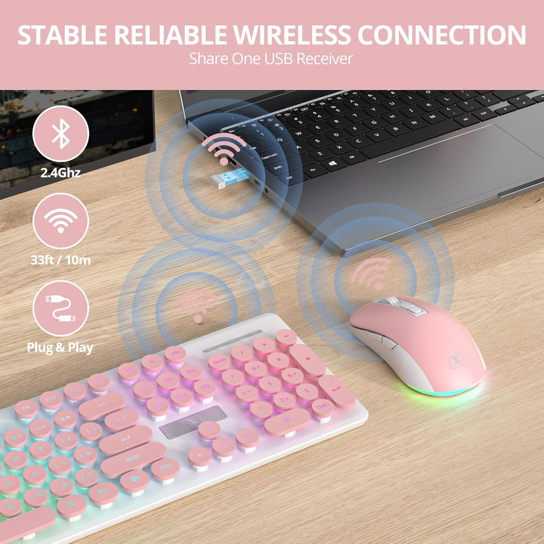 SOLIDEE Beleuchtetes Kabellose Tastatur und Maus Set, 2.4 GHz Wiederaufladbar, Rosa Retro Schreibmas