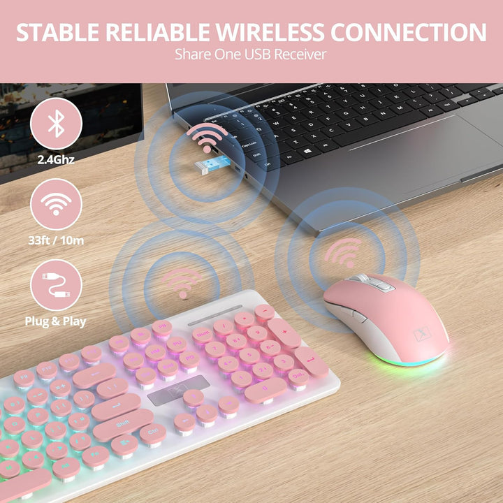 SOLIDEE Beleuchtetes Kabellose Tastatur und Maus Set, 2.4 GHz Wiederaufladbar, Rosa Retro Schreibmas