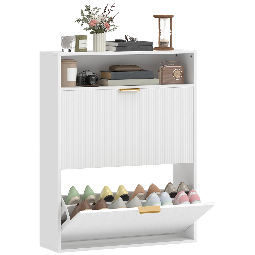 HOMCOM Schuhschrank mit 2 Klappen 2 Türen für 12-16 Paar 80x24x102,5cm Weiss | Schmal Schuhkipper, A
