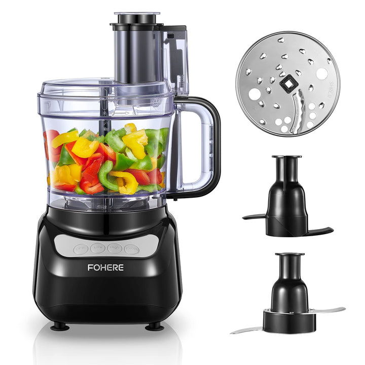 FOHERE Küchenmaschine 2,1 L, 2-in-1-Doppeleinfüllschacht | 2 Geschwindigkeiten + Puls, Edelstahlklin