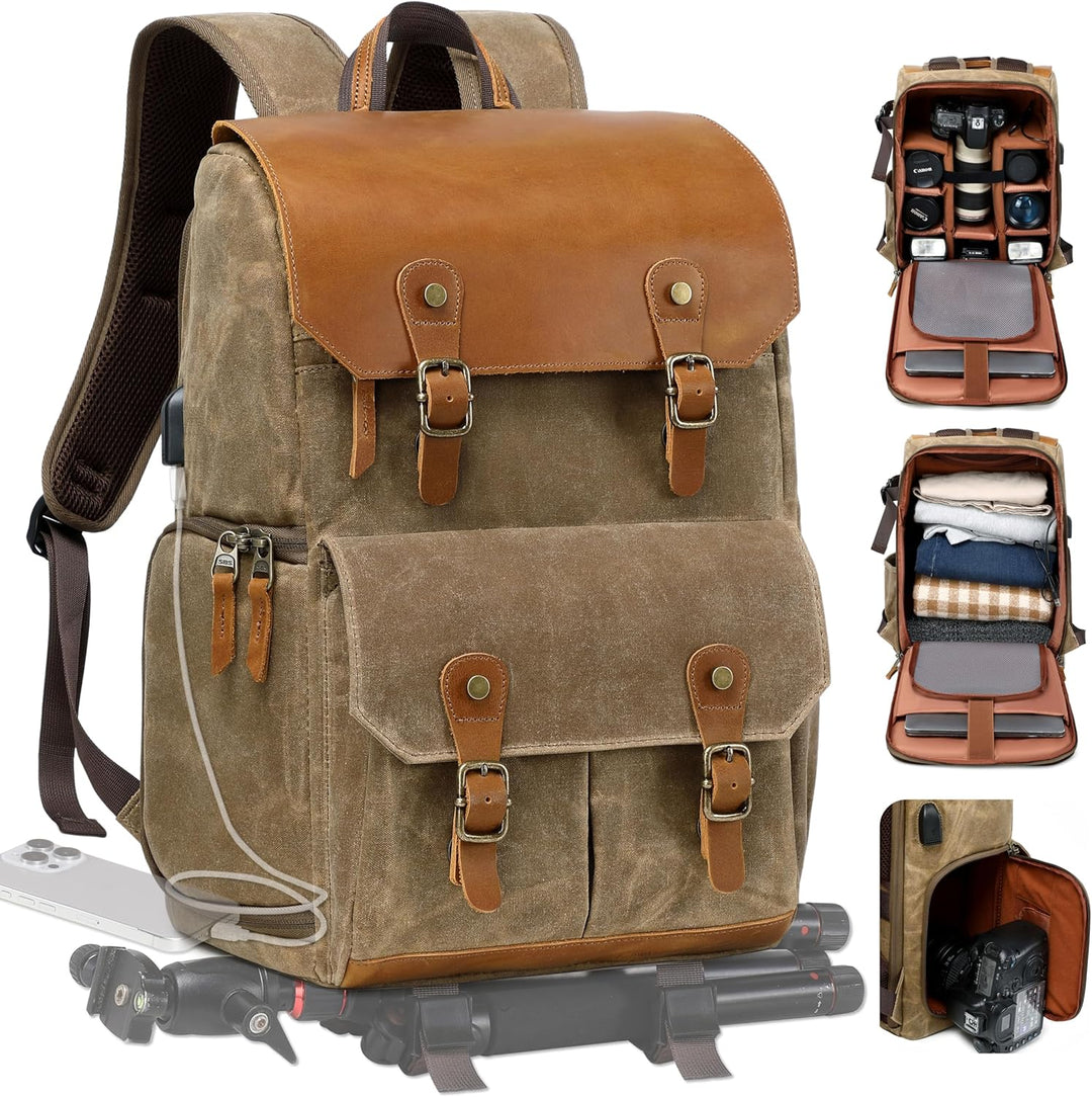 Padwa Lifestyle Khaki Kamerarucksack - wetterfeste Kameratasche aus gewachstem Memory Canvas mit 16“