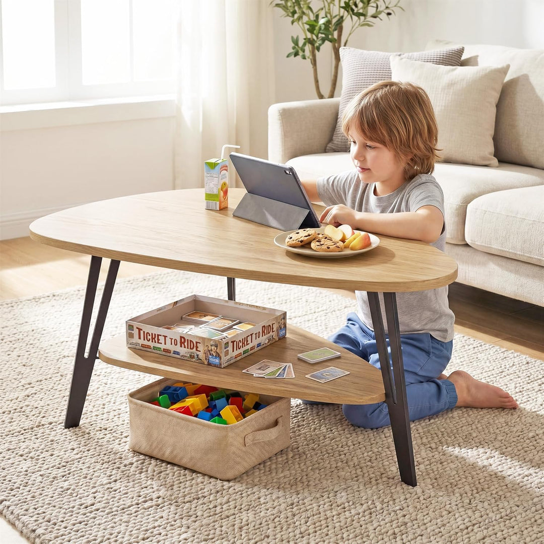 Manora Couchtisch oval Holz mit Ablagefach & Metallbeinen - Moderner Wohnzimmertisch Kaffeetisch Sof