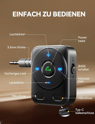 2024 JOYROOM Bluetooth 5.4 Adapter Auto, Aux Bluetooth Adapter【BASS & HiFi Stereo】 Bluetooth Empfäng